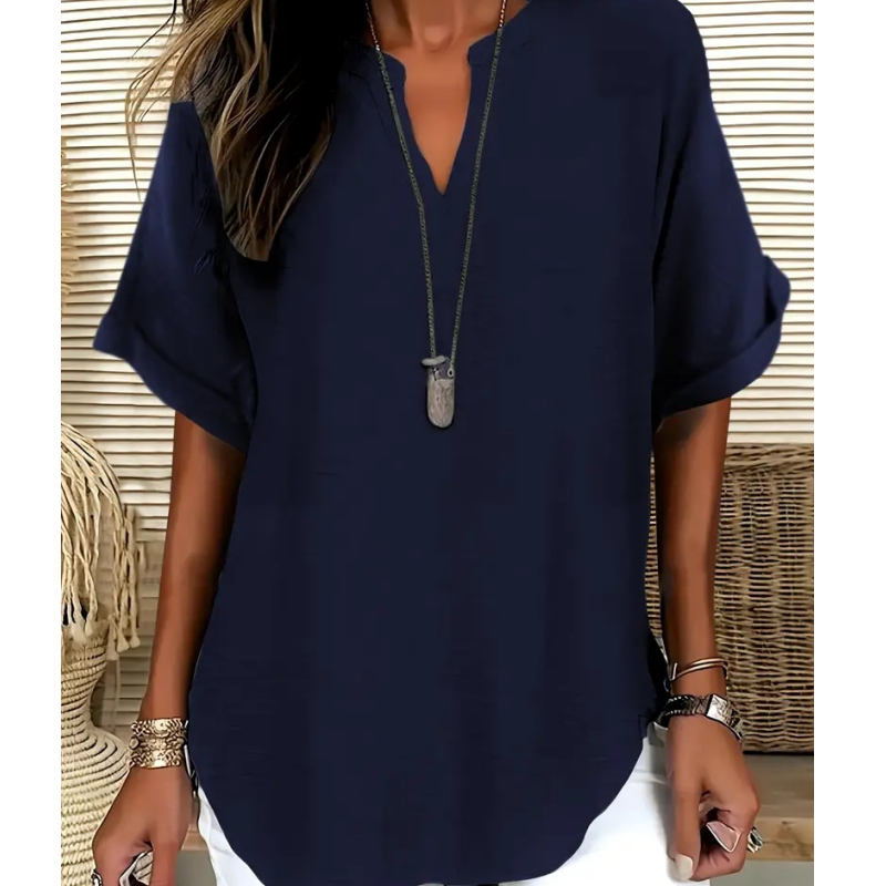 💎 48% RABATT! 💎 Moteriktig løs topp med korte ermer – V-hals med hakk, asymmetrisk kant og lett stoff (5 farger, S–2XL) 👕🌸