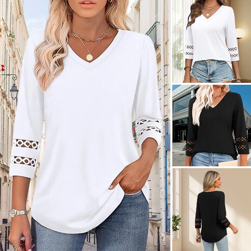 ✨2026 Ny stil👚 Ensfarget, avslappet topp med V-hals og 3/4-ermer for dame