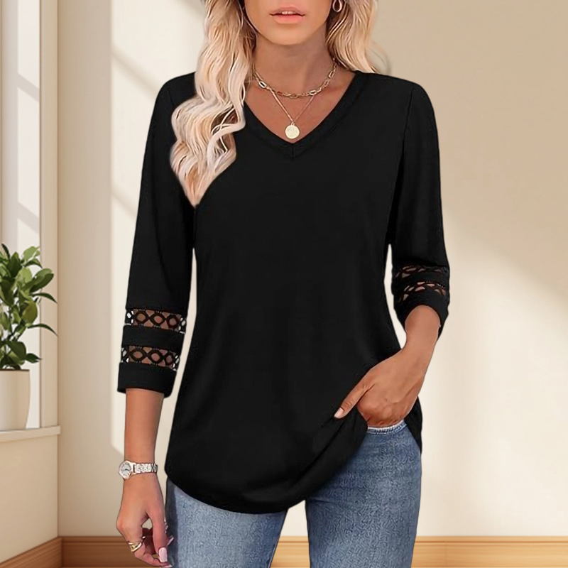 ✨2026 Ny stil👚 Ensfarget, avslappet topp med V-hals og 3/4-ermer for dame