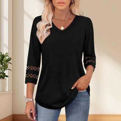 ✨2026 Ny stil👚 Ensfarget, avslappet topp med V-hals og 3/4-ermer for dame