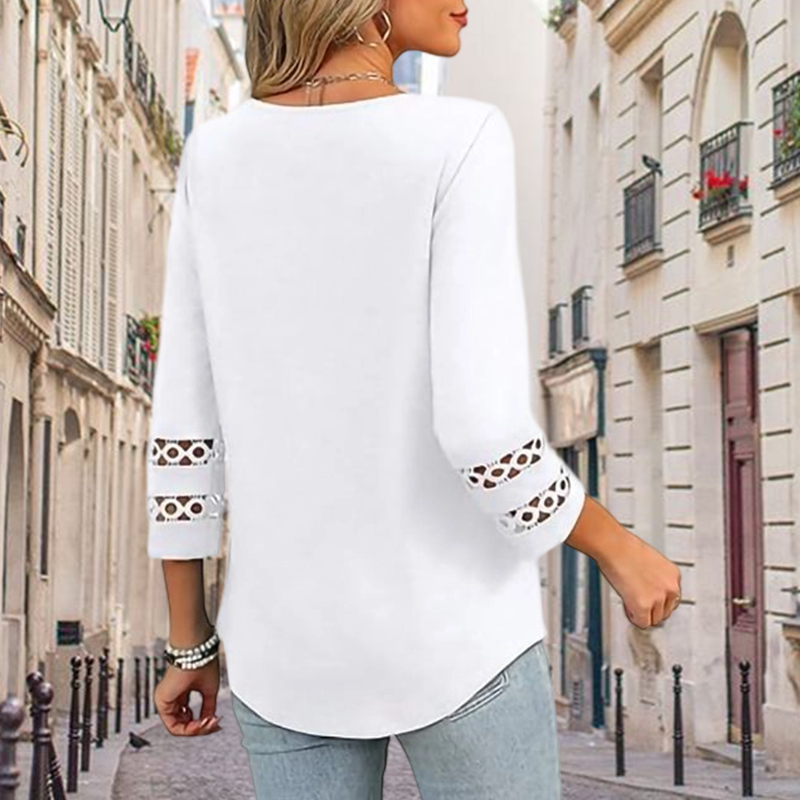 ✨2026 Ny stil👚 Ensfarget, avslappet topp med V-hals og 3/4-ermer for dame