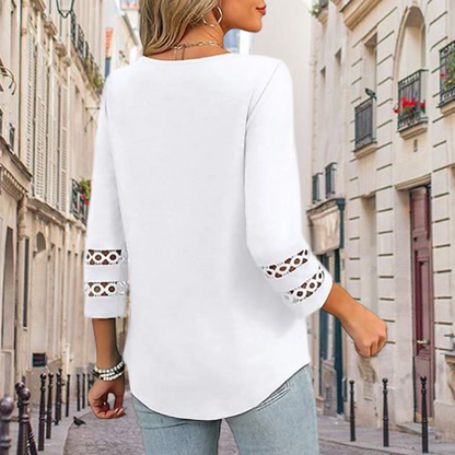 ✨2026 Ny stil👚 Ensfarget, avslappet topp med V-hals og 3/4-ermer for dame