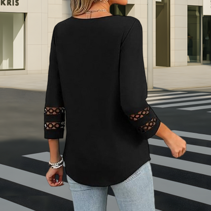 ✨2026 Ny stil👚 Ensfarget, avslappet topp med V-hals og 3/4-ermer for dame
