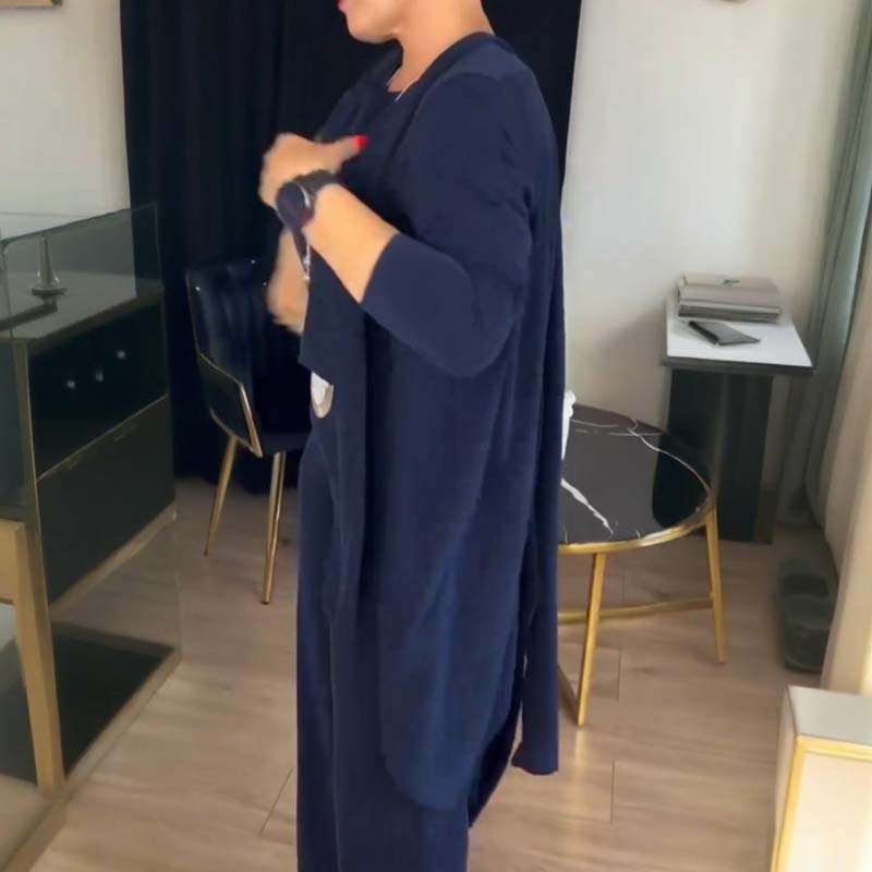 Elegant 3-delers sett: Lang cardigan, topp og bukser