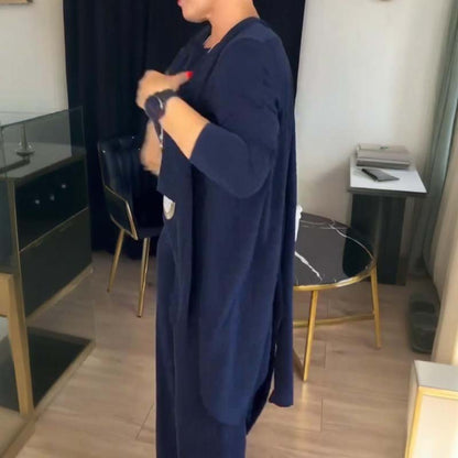 Elegant 3-delers sett: Lang cardigan, topp og bukser