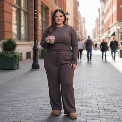 ✨Damesett med lange ermer og bukser i pluss-størrelse, 2-delt