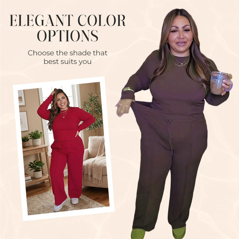 ✨Damesett med lange ermer og bukser i pluss-størrelse, 2-delt