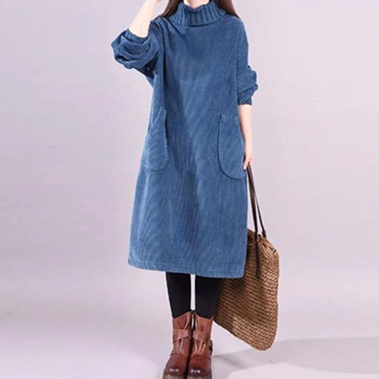 Lang corduroy kjole med høy hals for kvinner