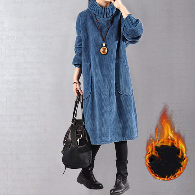 Lang corduroy kjole med høy hals for kvinner