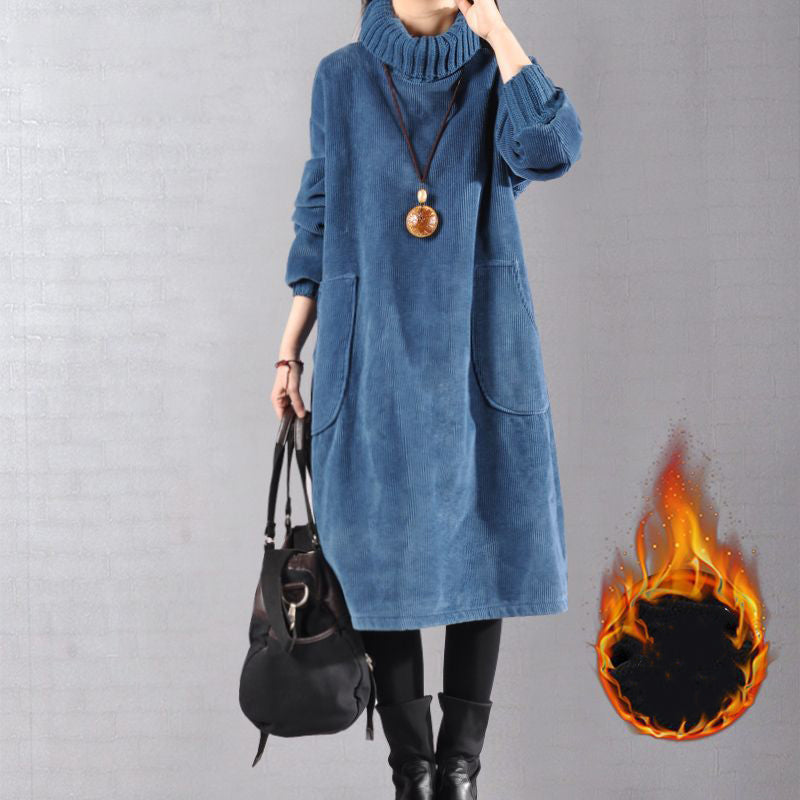 Lang corduroy kjole med høy hals for kvinner