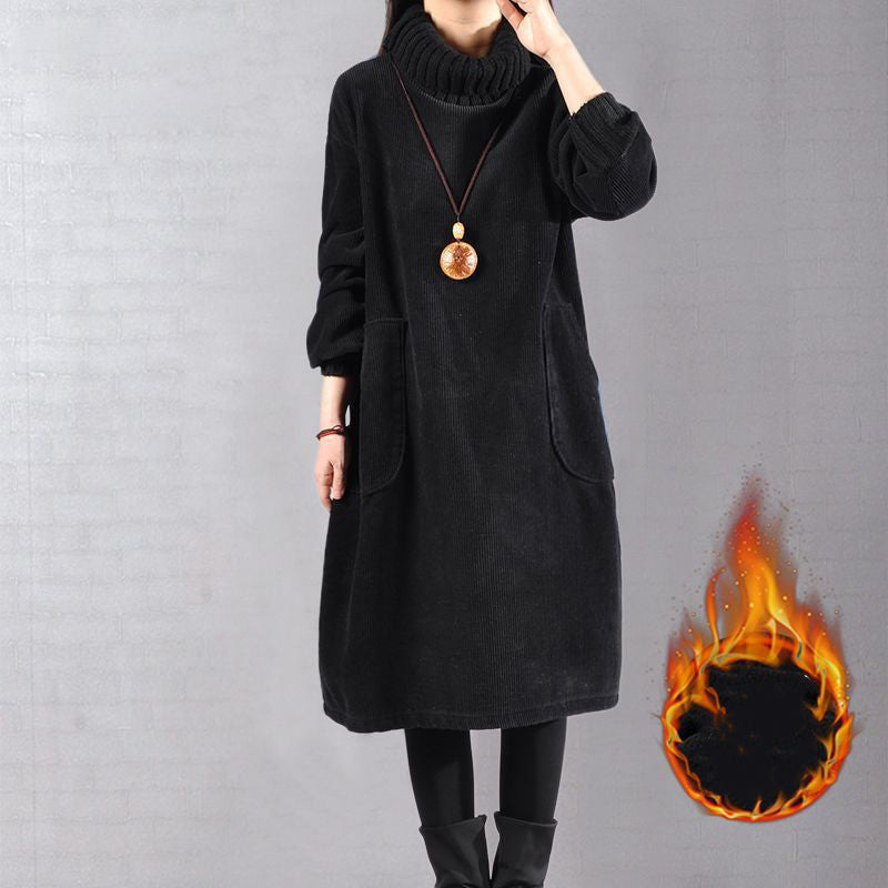 Lang corduroy kjole med høy hals for kvinner