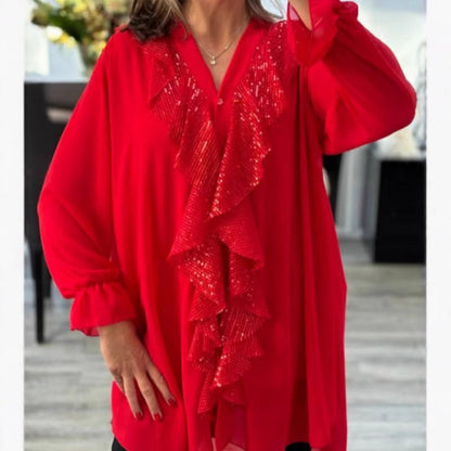 💃 Black Friday 49 % RABATT! Damechiffongbluse med V-hals og paljetter – elegant og strålende til enhver anledning 🌟✨