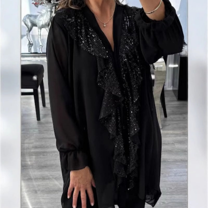 💃 Black Friday 49 % RABATT! Damechiffongbluse med V-hals og paljetter – elegant og strålende til enhver anledning 🌟✨