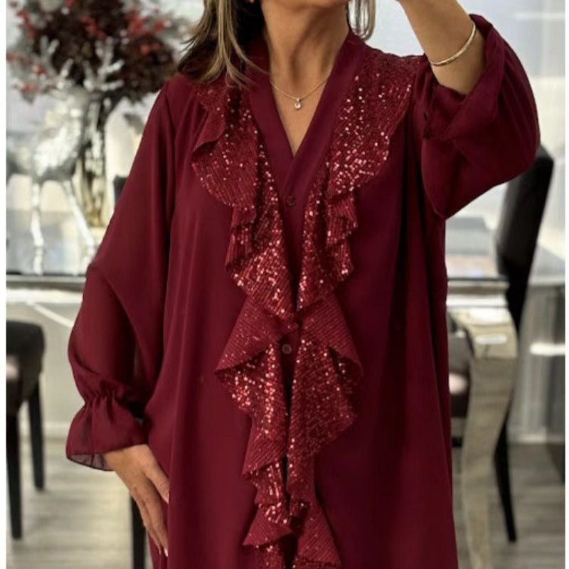 💃 Black Friday 49 % RABATT! Damechiffongbluse med V-hals og paljetter – elegant og strålende til enhver anledning 🌟✨