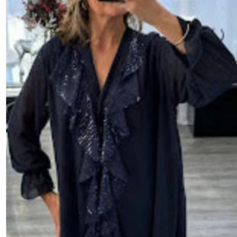 💃 Black Friday 49 % RABATT! Damechiffongbluse med V-hals og paljetter – elegant og strålende til enhver anledning 🌟✨