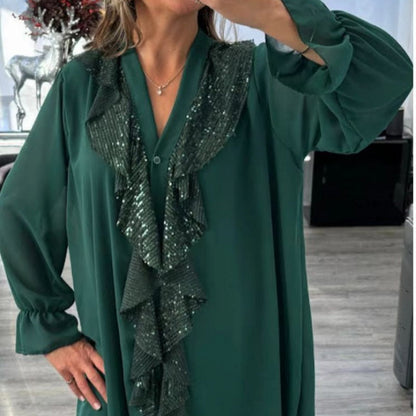💃 Black Friday 49 % RABATT! Damechiffongbluse med V-hals og paljetter – elegant og strålende til enhver anledning 🌟✨