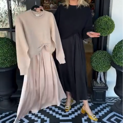 Elegant 2-delt sett for kvinner: Topp med vridd knute og maxikjole