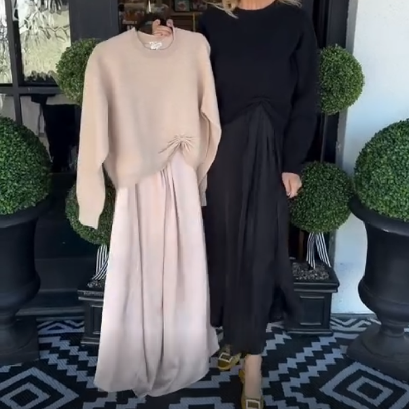 Elegant 2-delt sett for kvinner: Topp med vridd knute og maxikjole