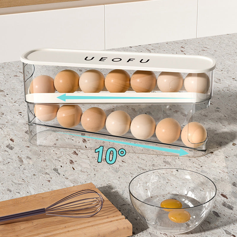 🥳2026 VARMT SALG🥳💞50 000+ SOLGT! 🥚🌀 50 % RABATT! Dobbel automatisk rullende eggorganisator – 2-lags oppbevaring i sidedøren, eggene ruller automatisk fremover. Slutt på glemte egg! 🧊✨