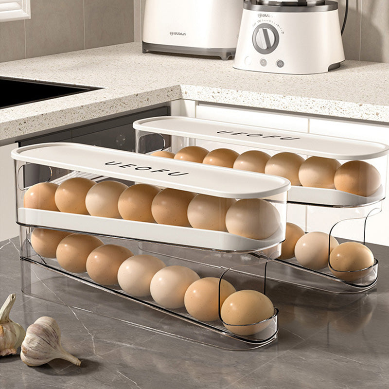 🥳2026 VARMT SALG🥳💞50 000+ SOLGT! 🥚🌀 50 % RABATT! Dobbel automatisk rullende eggorganisator – 2-lags oppbevaring i sidedøren, eggene ruller automatisk fremover. Slutt på glemte egg! 🧊✨