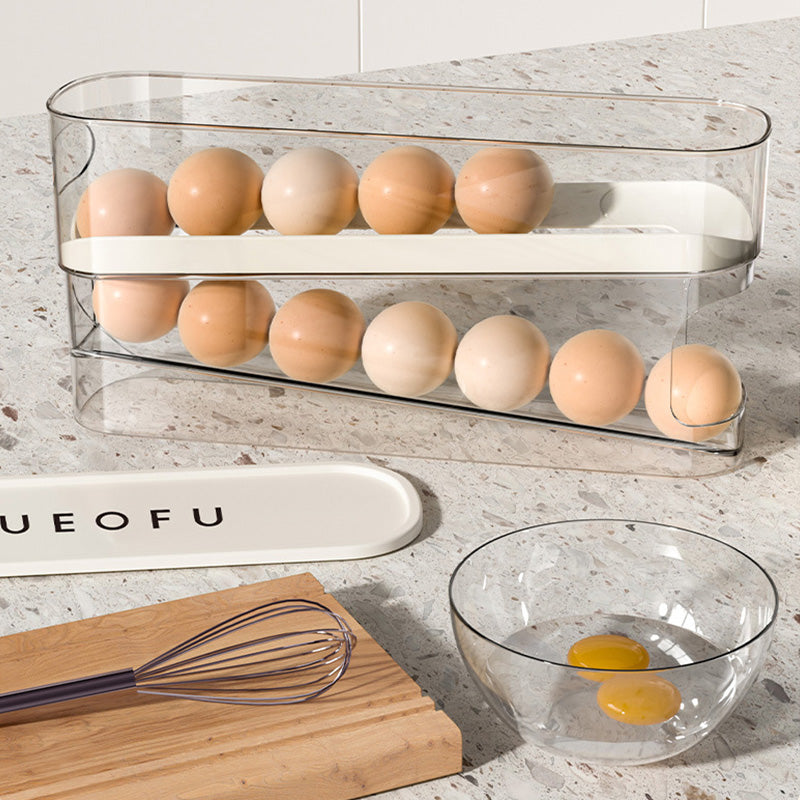 🥳2026 VARMT SALG🥳💞50 000+ SOLGT! 🥚🌀 50 % RABATT! Dobbel automatisk rullende eggorganisator – 2-lags oppbevaring i sidedøren, eggene ruller automatisk fremover. Slutt på glemte egg! 🧊✨