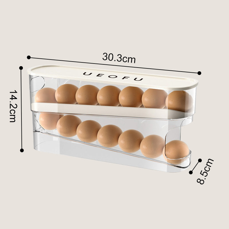 🥳2026 VARMT SALG🥳💞50 000+ SOLGT! 🥚🌀 50 % RABATT! Dobbel automatisk rullende eggorganisator – 2-lags oppbevaring i sidedøren, eggene ruller automatisk fremover. Slutt på glemte egg! 🧊✨