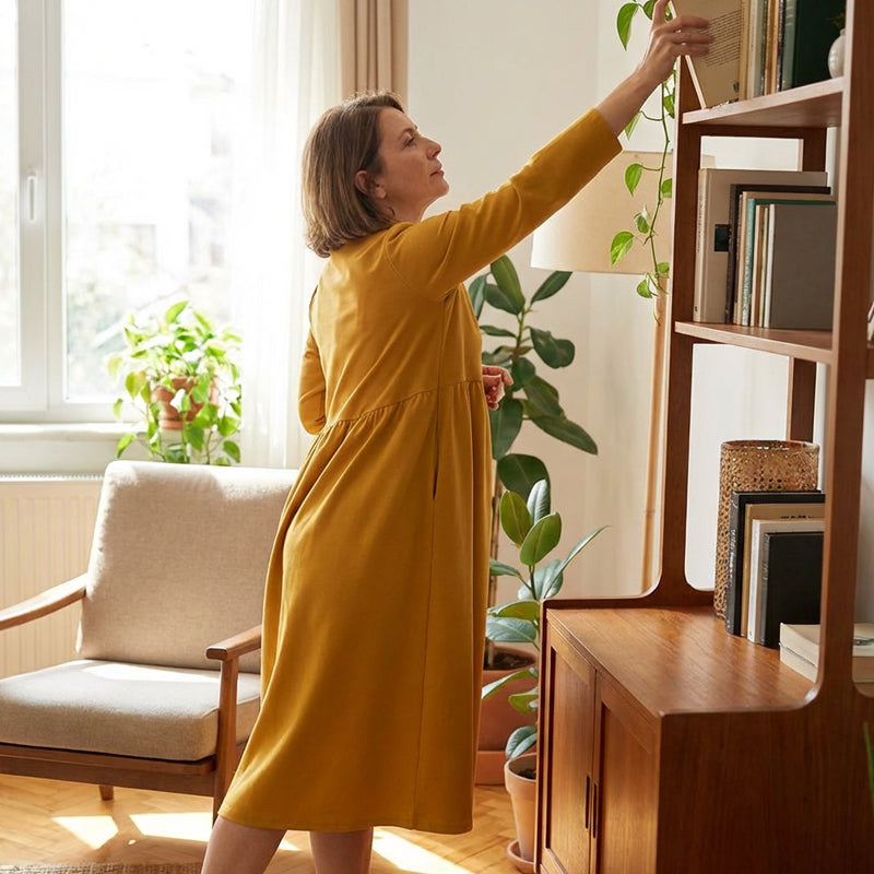 📢 Tidsbegrenset 48 % RABATT👗 Løs passform midikjole med rund hals og lommer til dame – uanstrengt komfort og hverdagseleganse✨