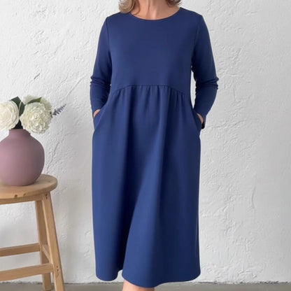 📢 Tidsbegrenset 48 % RABATT👗 Løs passform midikjole med rund hals og lommer til dame – uanstrengt komfort og hverdagseleganse✨
