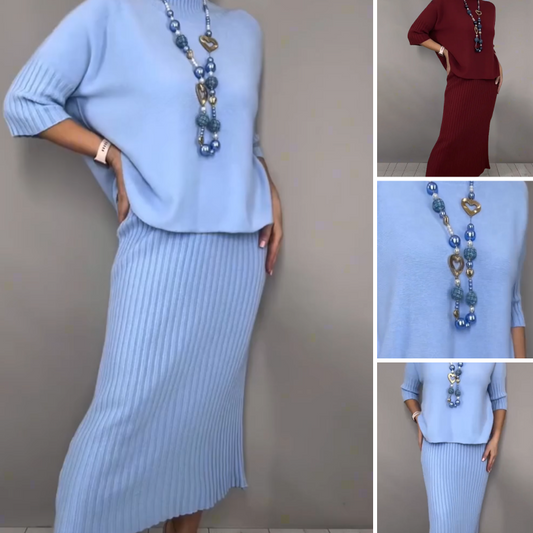 Elegant strikkegenser og midiskjørt i 2 deler