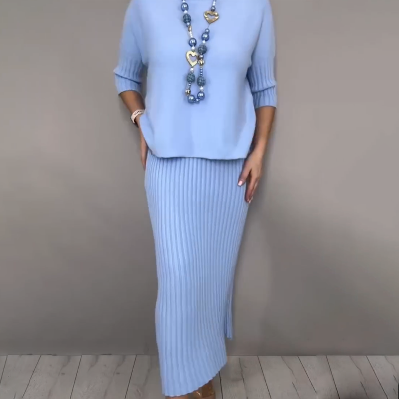 Elegant strikkegenser og midiskjørt i 2 deler