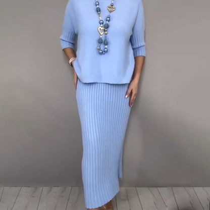 Elegant strikkegenser og midiskjørt i 2 deler