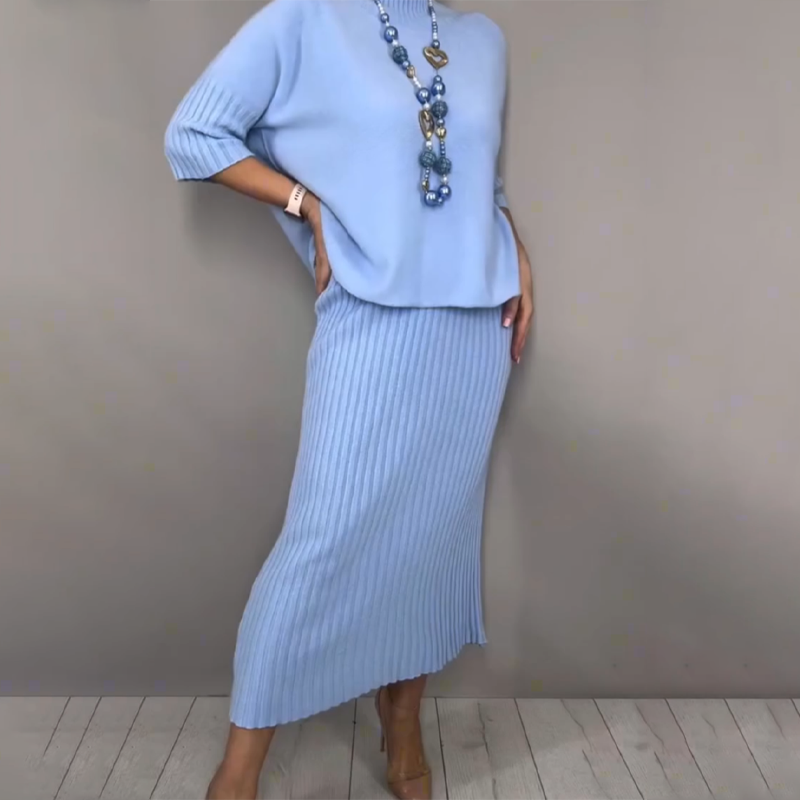 Elegant strikkegenser og midiskjørt i 2 deler