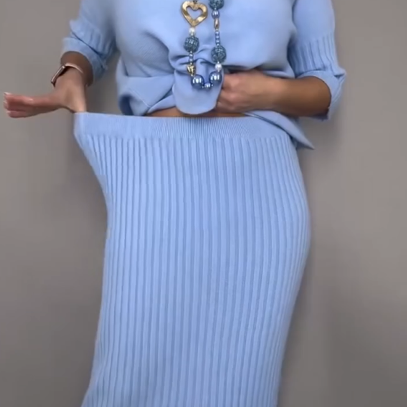 Elegant strikkegenser og midiskjørt i 2 deler