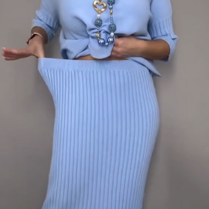 Elegant strikkegenser og midiskjørt i 2 deler