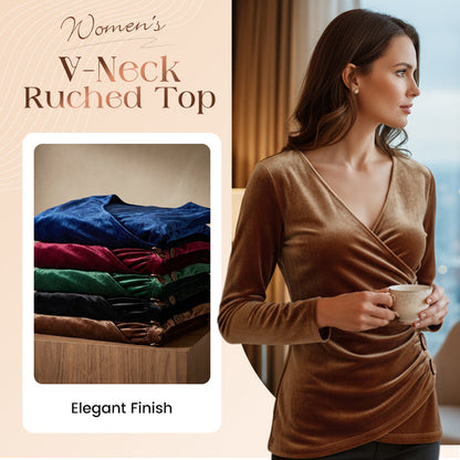 Dametopp med V-hals og lange ermer og rysjer