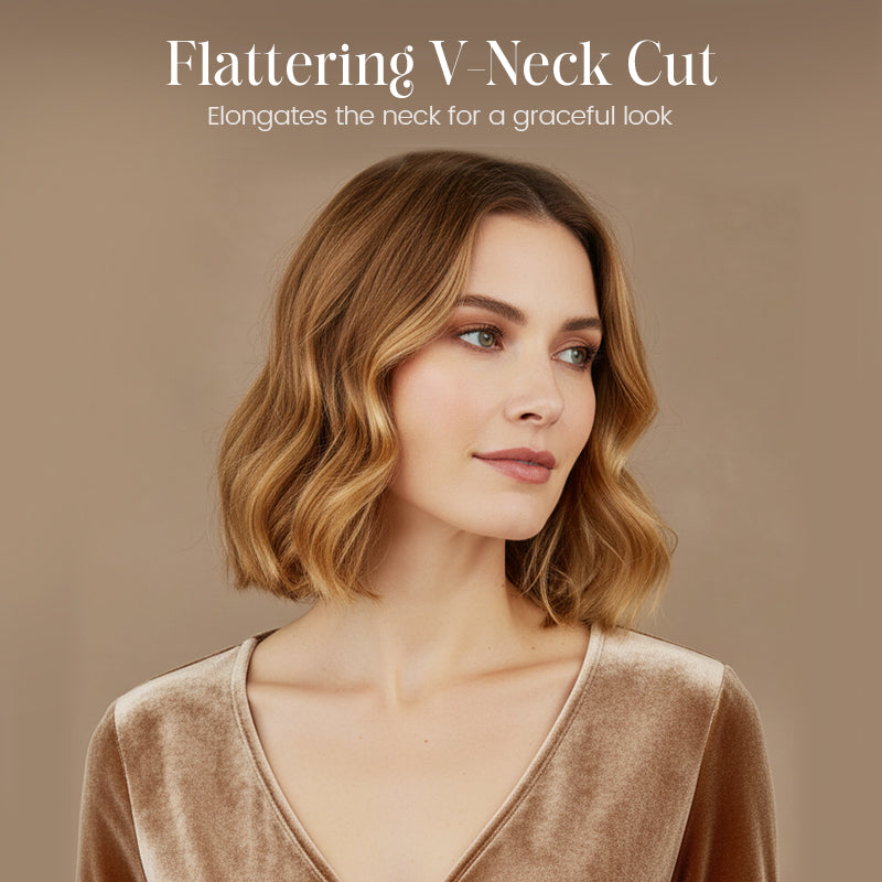 Dametopp med V-hals og lange ermer og rysjer