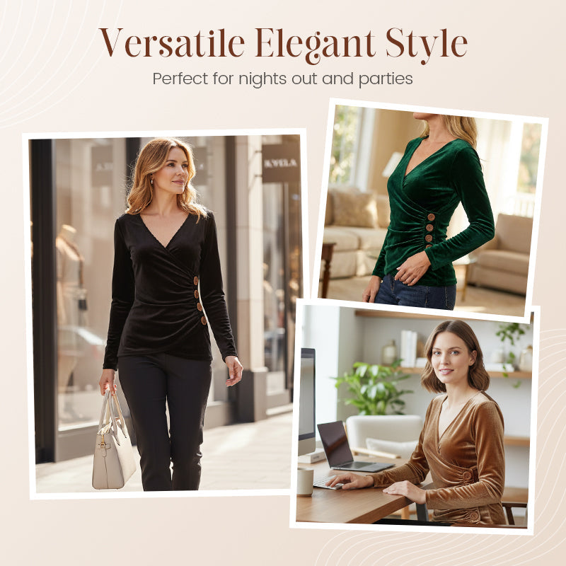 Dametopp med V-hals og lange ermer og rysjer