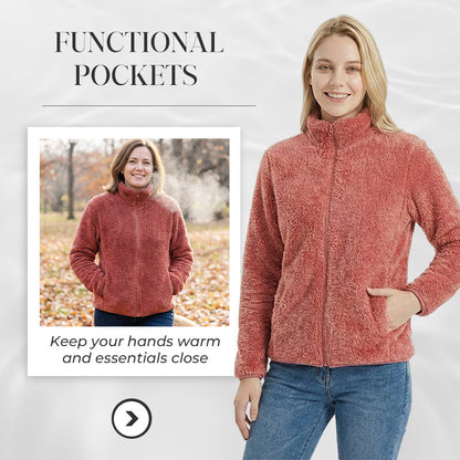 Damejakke med glidelås og lommer, shaggy