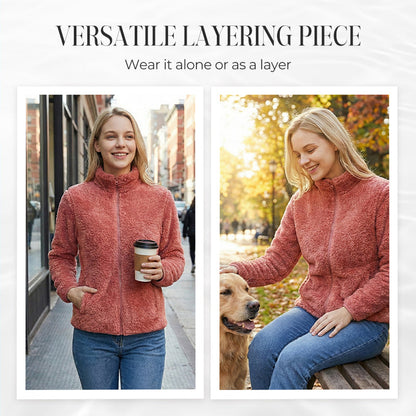 Damejakke med glidelås og lommer, shaggy