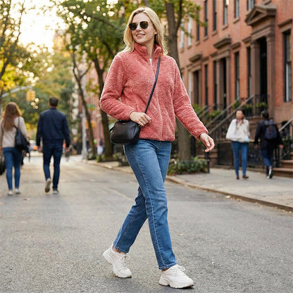 Damejakke med glidelås og lommer, shaggy