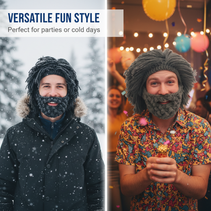 Strikket lue med skjegg og parykk