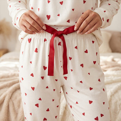 💞Forhåndssalg til Valentinsdagen 48 % RABATT!! - Pysjamassett med hjertetrykk og bukser til dame