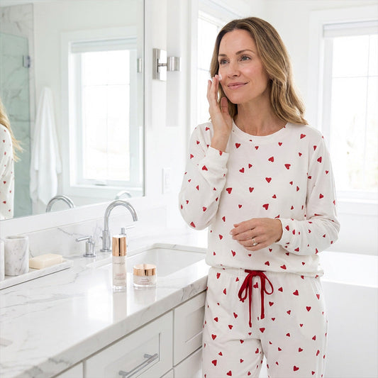 💞Forhåndssalg til Valentinsdagen 48 % RABATT!! - Pysjamassett med hjertetrykk og bukser til dame