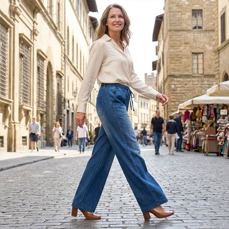 Damejeans med vide ben og snøring i midjen