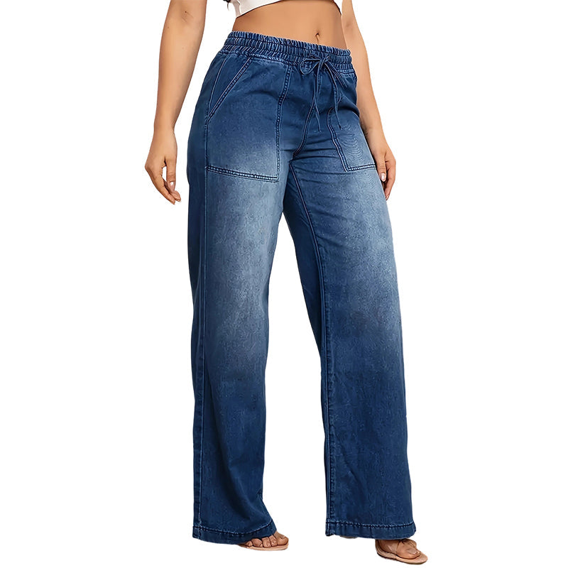 Damejeans med vide ben og snøring i midjen