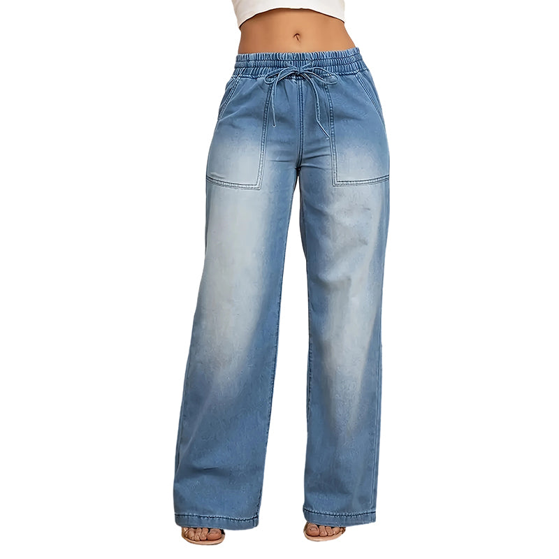 Damejeans med vide ben og snøring i midjen