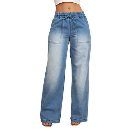 Damejeans med vide ben og snøring i midjen