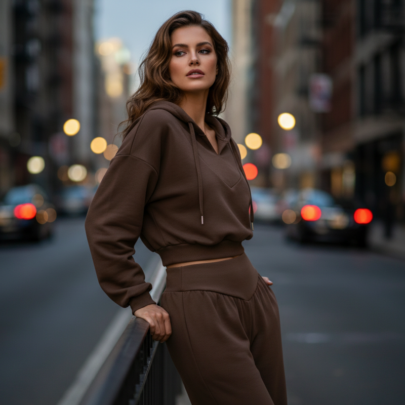 Sett med kort hettegenser og vide bukser til dame