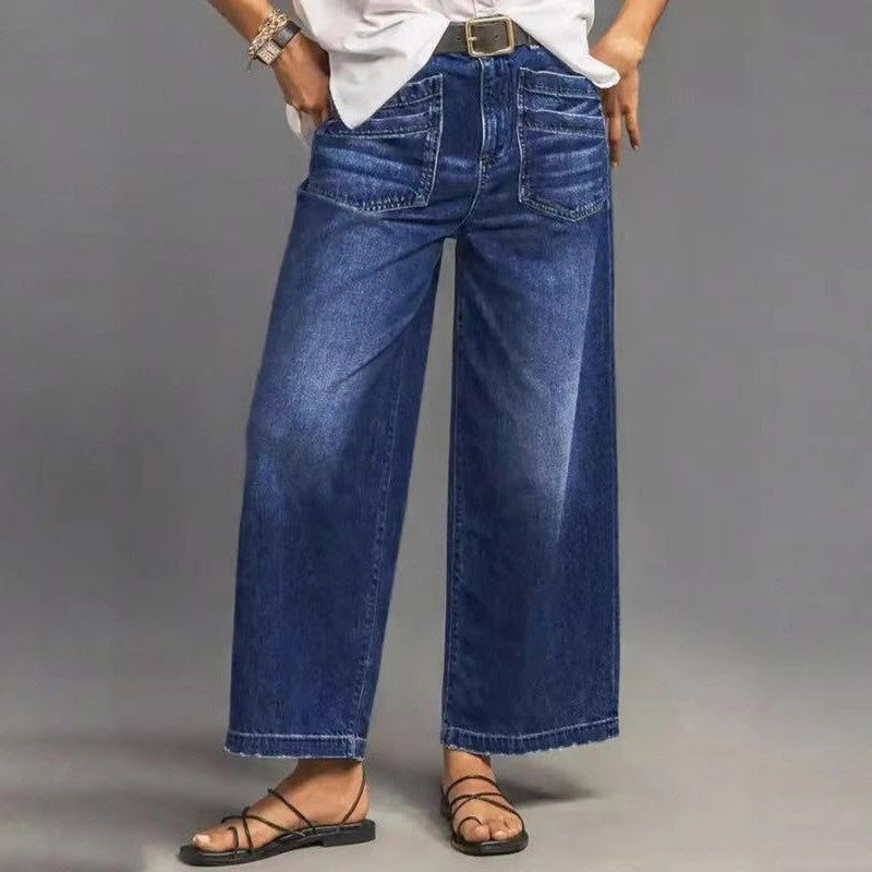 📢📢48 % RABATT!!⏰Casual høyhalset jeans med vid ben for kvinner
