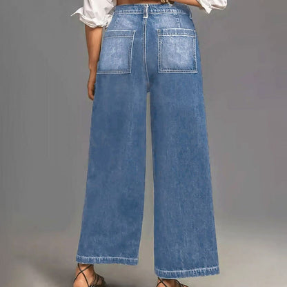 📢📢48 % RABATT!!⏰Casual høyhalset jeans med vid ben for kvinner